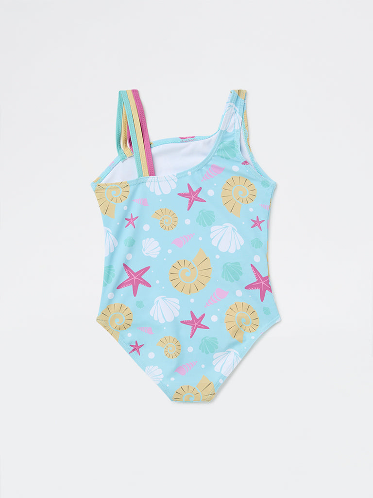HOP Kids Girls Blue Printed Swimsuit