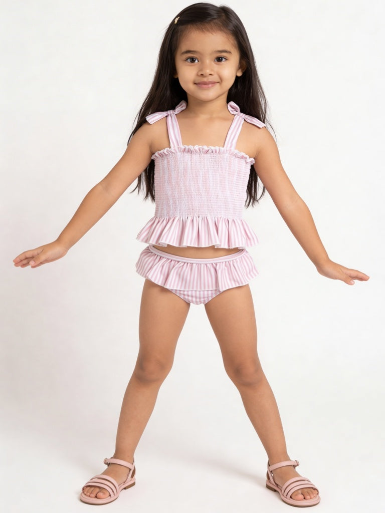 HOP Kids Girls Pink Striped Top with Skort Swim Set