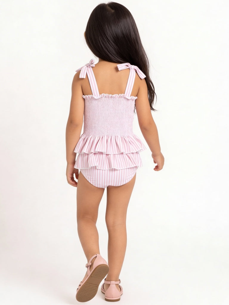 HOP Kids Girls Pink Striped Top with Skort Swim Set