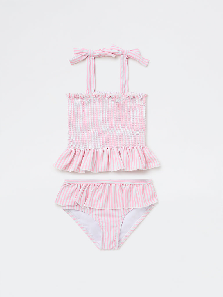 HOP Kids Girls Pink Striped Top with Skort Swim Set