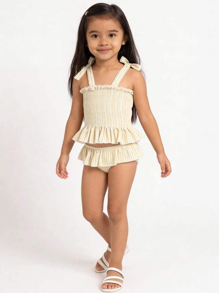 HOP Kids Girls Yellow Striped Top with Skort Swim Set