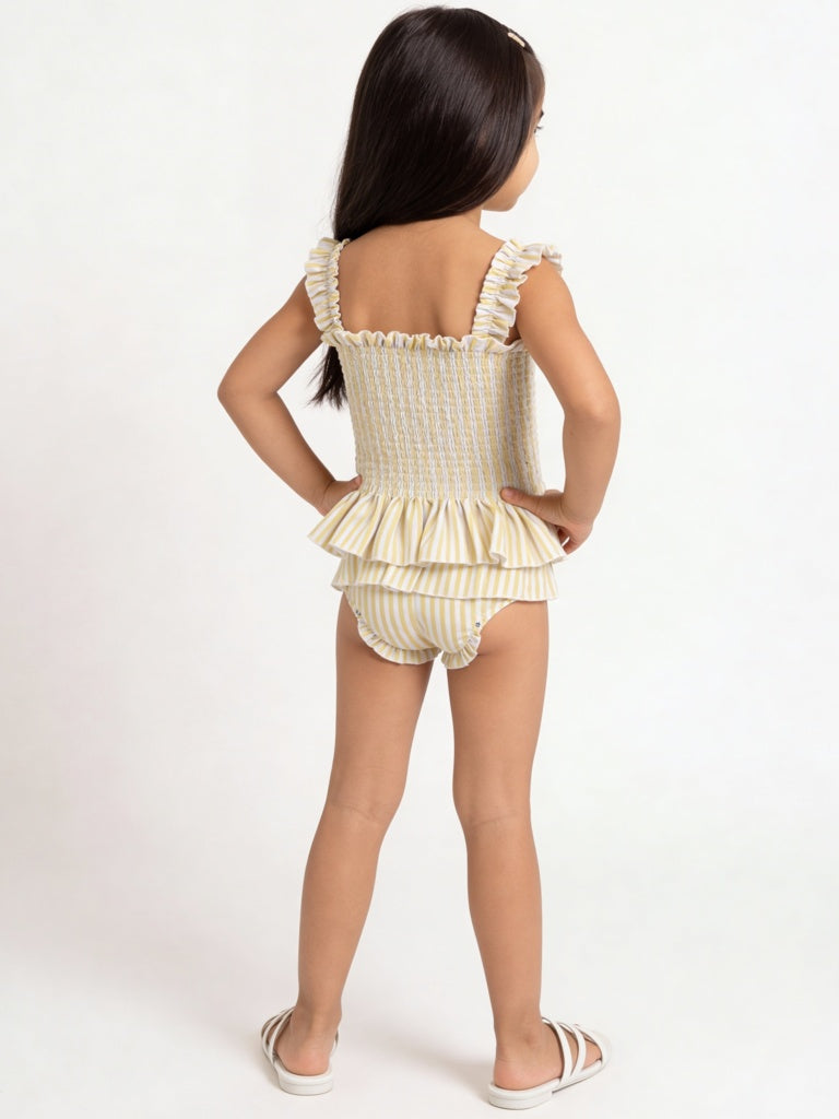 HOP Kids Girls Yellow Striped Top with Skort Swim Set