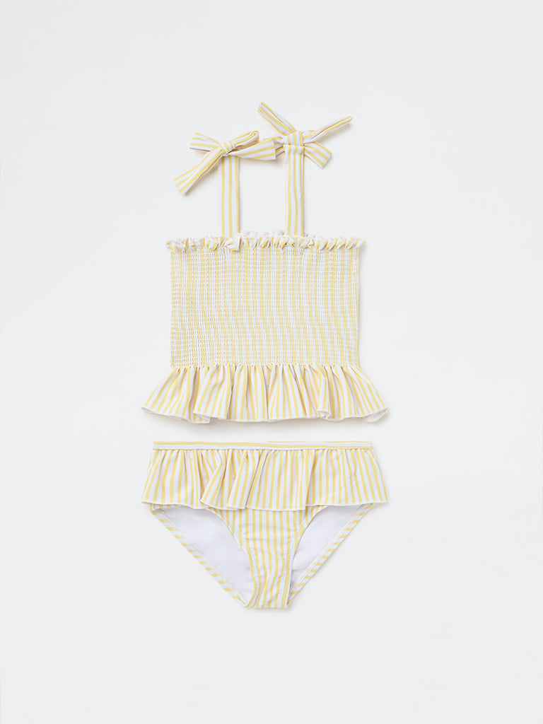 HOP Kids Girls Yellow Striped Top with Skort Swim Set