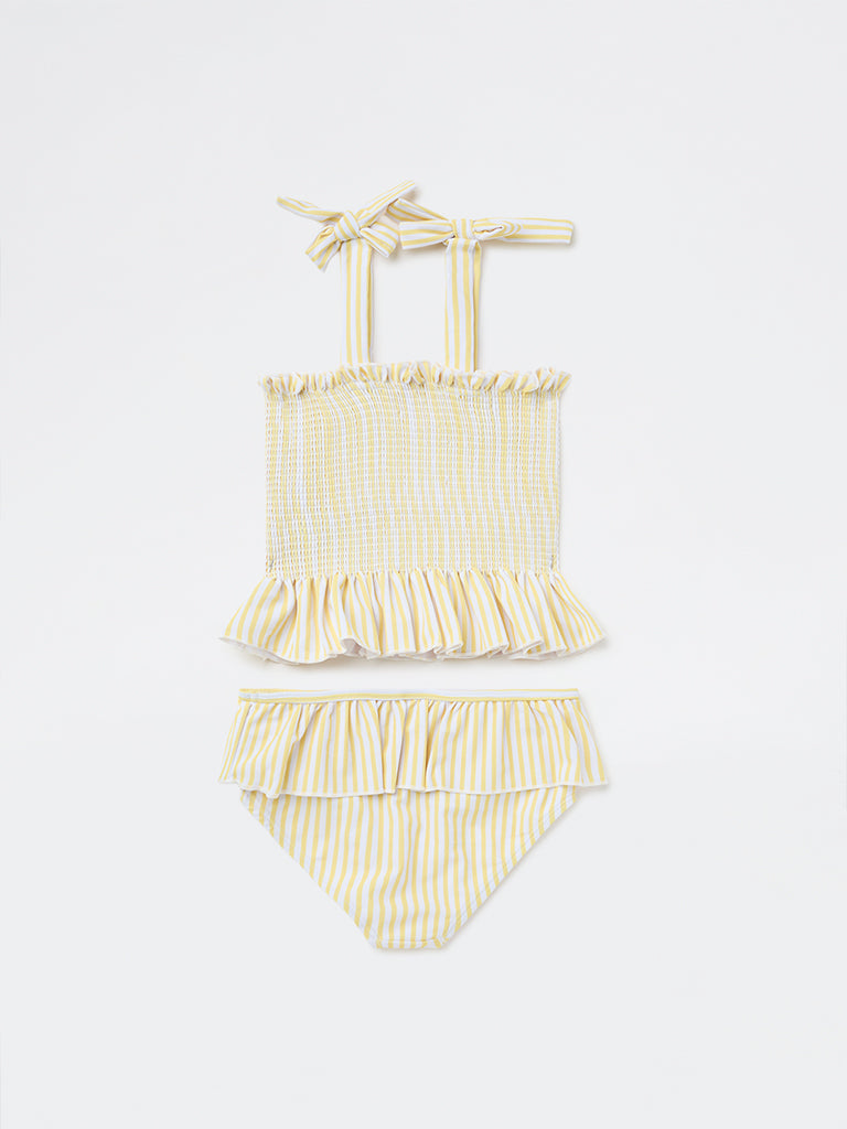 HOP Kids Girls Yellow Striped Top with Skort Swim Set
