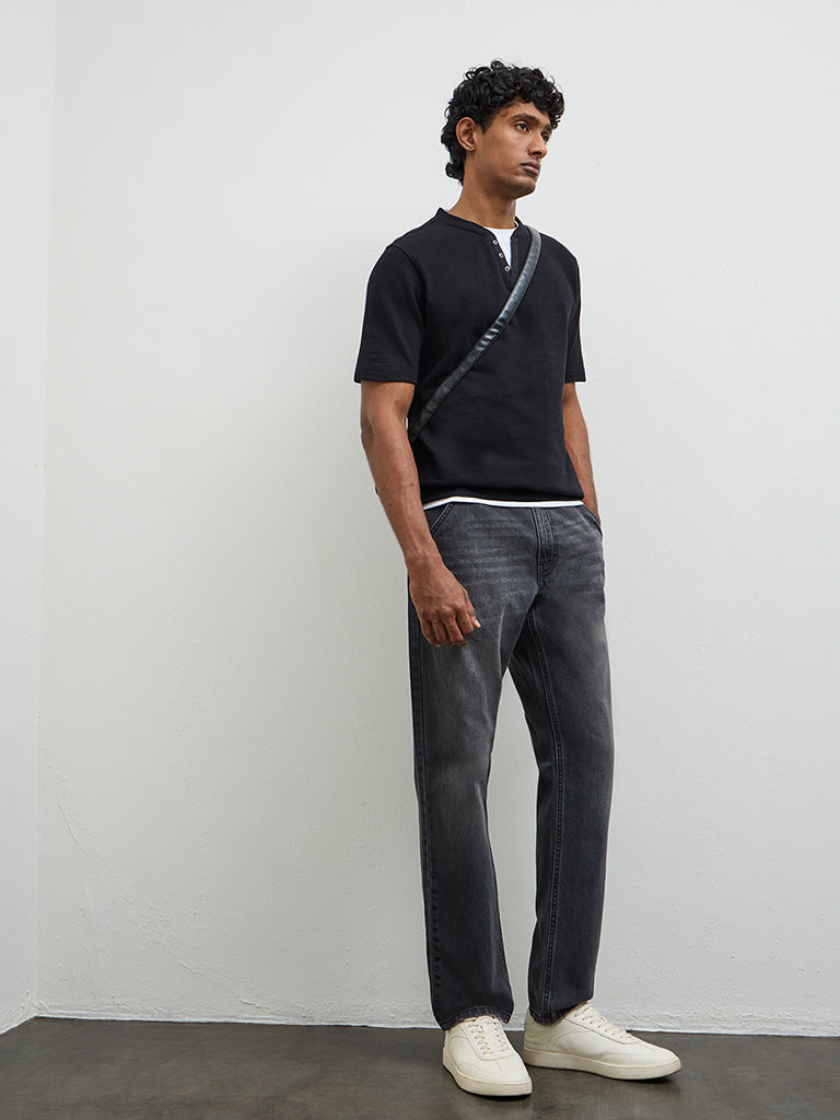 WES Casuals Black Relaxed-Fit Mid-Rise Jeans