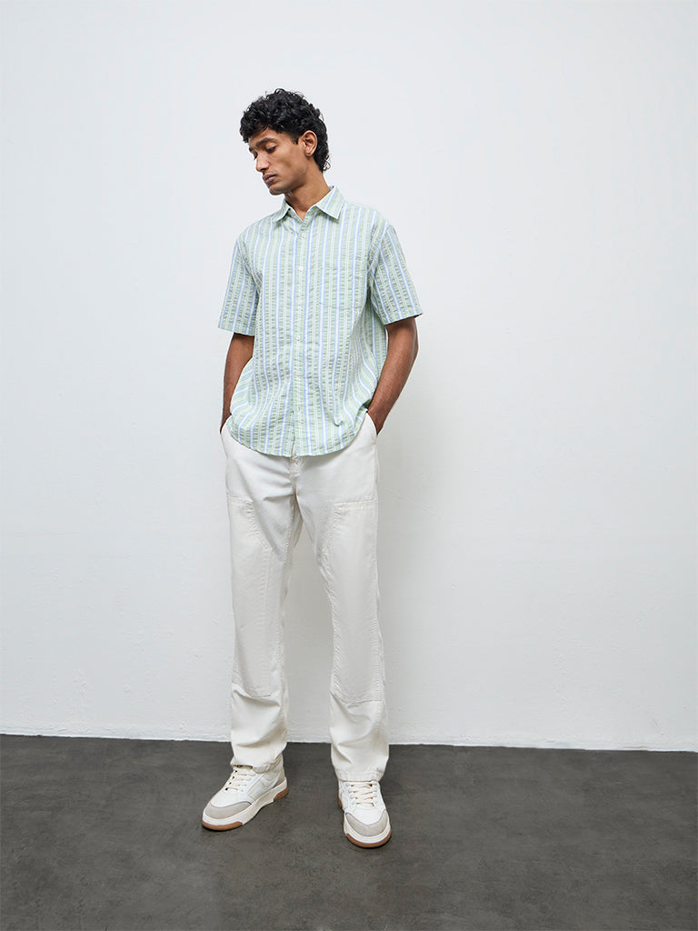 WES Casuals Sage Striped Relaxed Fit Cotton-Blend Shirt