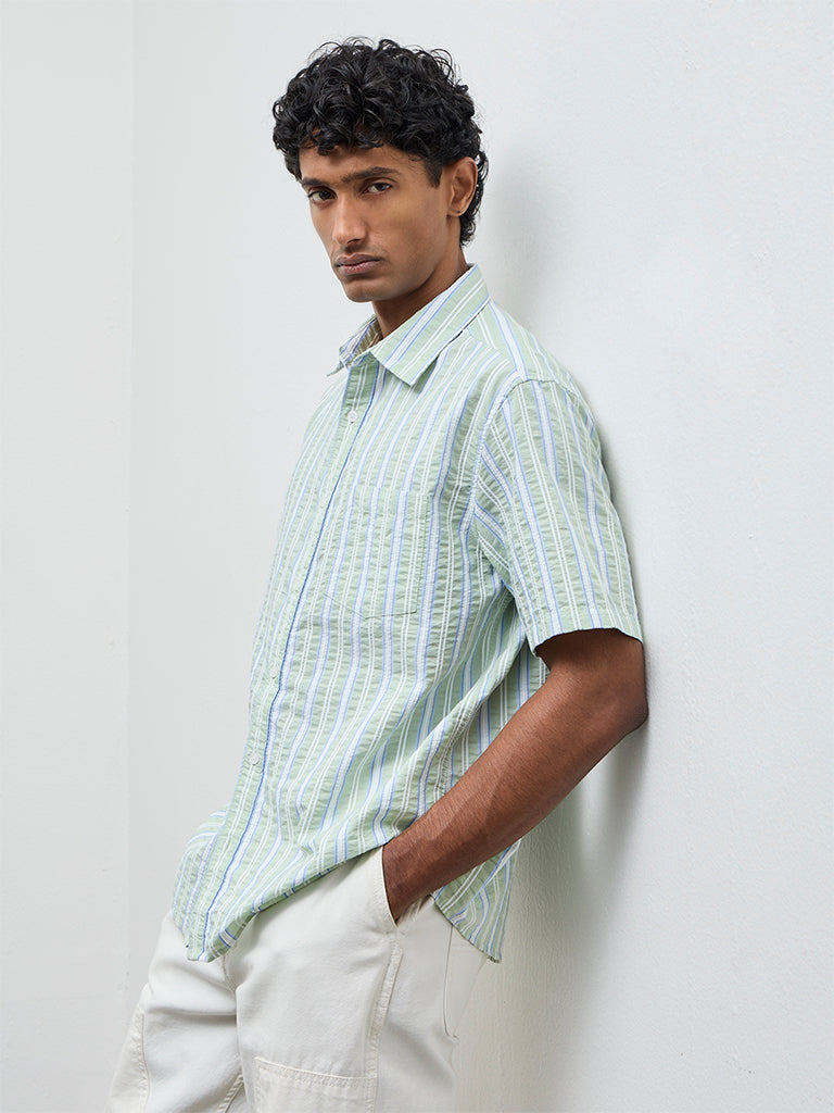 WES Casuals Sage Striped Relaxed Fit Cotton-Blend Shirt