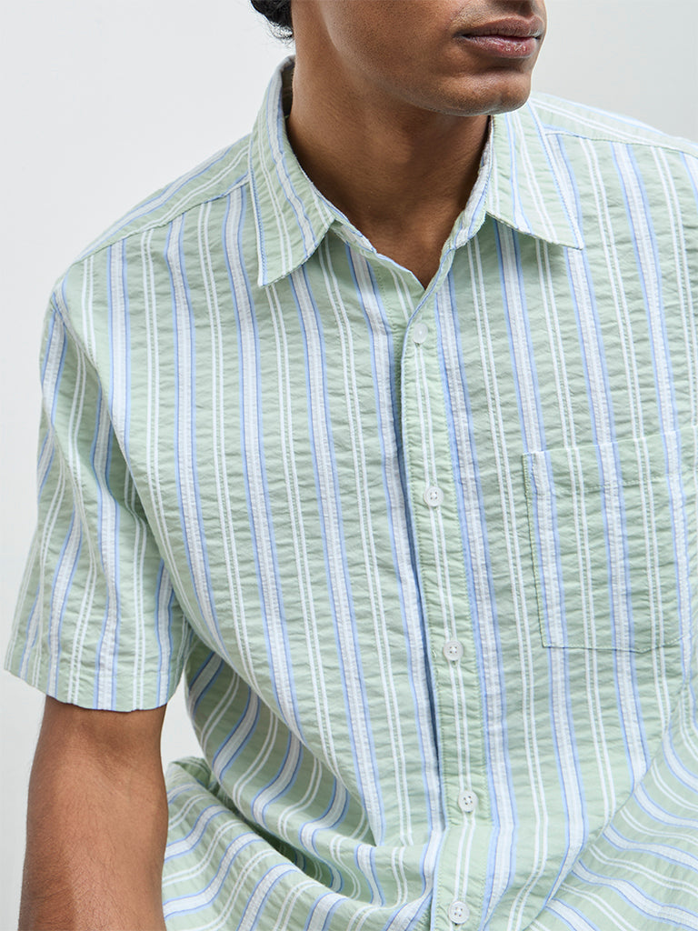 WES Casuals Sage Striped Relaxed Fit Cotton-Blend Shirt