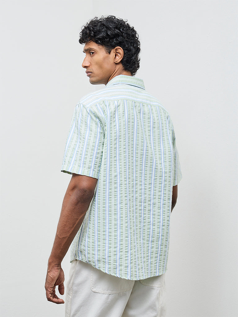 WES Casuals Sage Striped Relaxed Fit Cotton-Blend Shirt