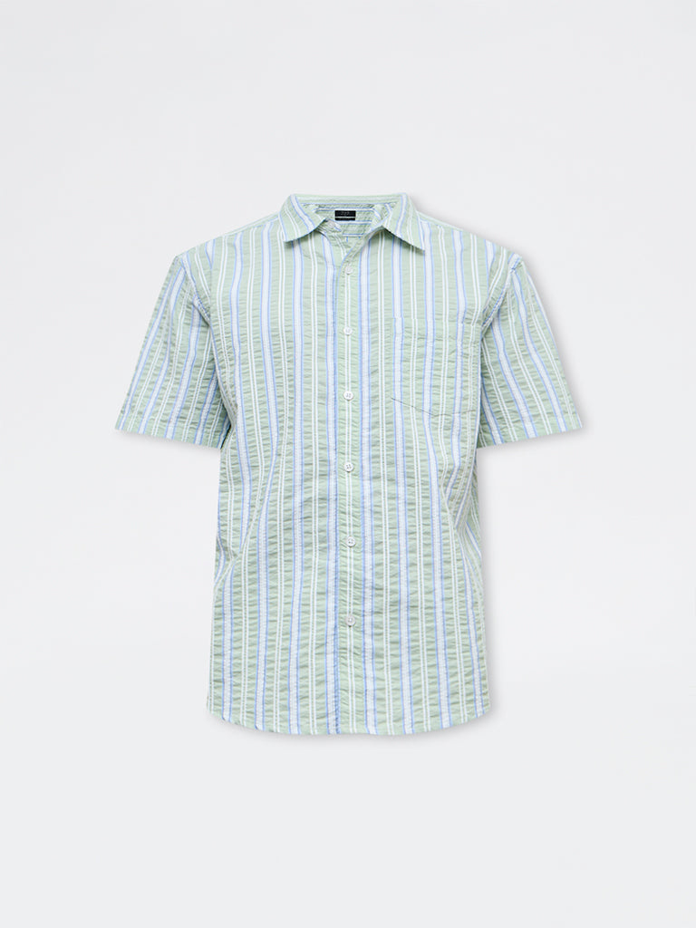 WES Casuals Sage Striped Relaxed Fit Cotton-Blend Shirt