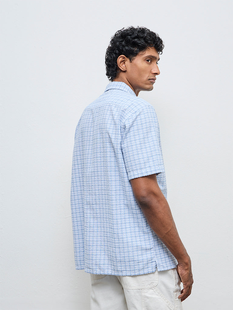 WES Casuals Light Blue Check Relaxed Fit Cotton Shirt