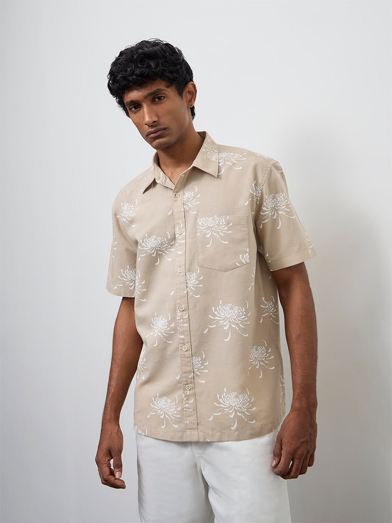 WES Casuals Beige Floral Relaxed-Fit Cotton-Blend Shirt