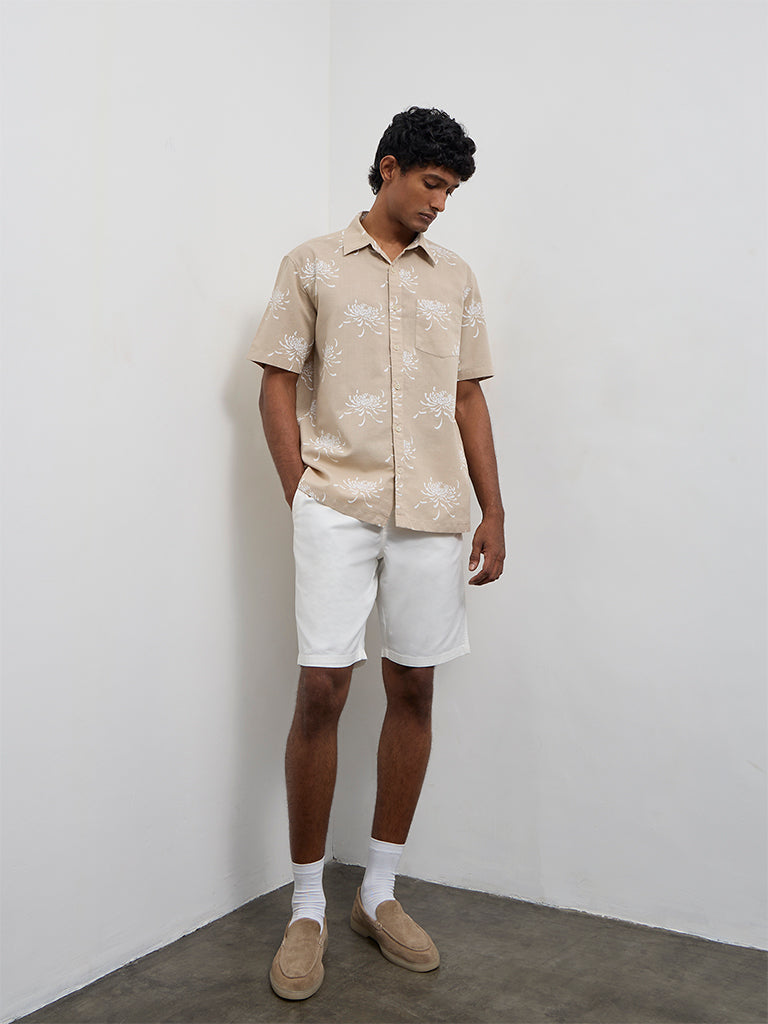 WES Casuals Beige Floral Relaxed-Fit Cotton-Blend Shirt