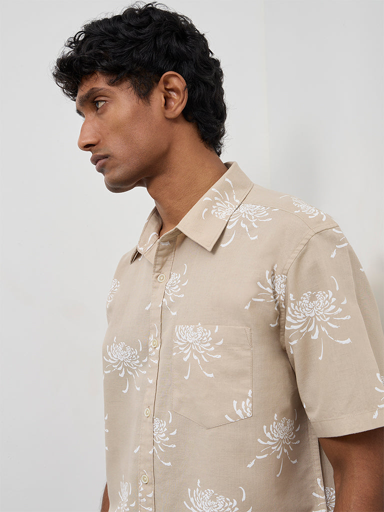 WES Casuals Beige Floral Relaxed-Fit Cotton-Blend Shirt