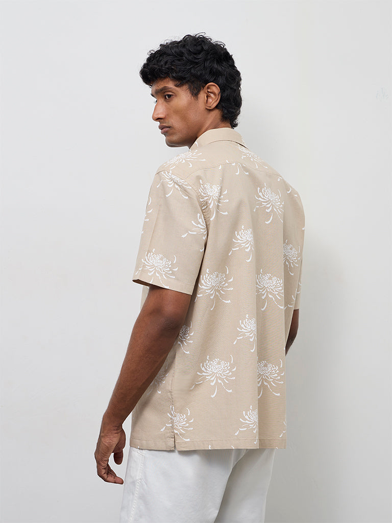 WES Casuals Beige Floral Relaxed-Fit Cotton-Blend Shirt