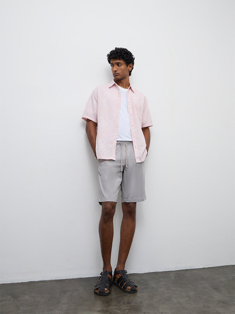 WES Casuals Light Pink Floral Relaxed-Fit Cotton-Blend Shirt