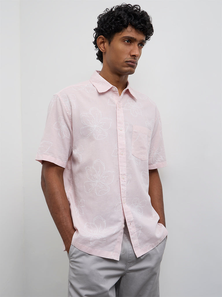 WES Casuals Light Pink Floral Relaxed-Fit Cotton-Blend Shirt