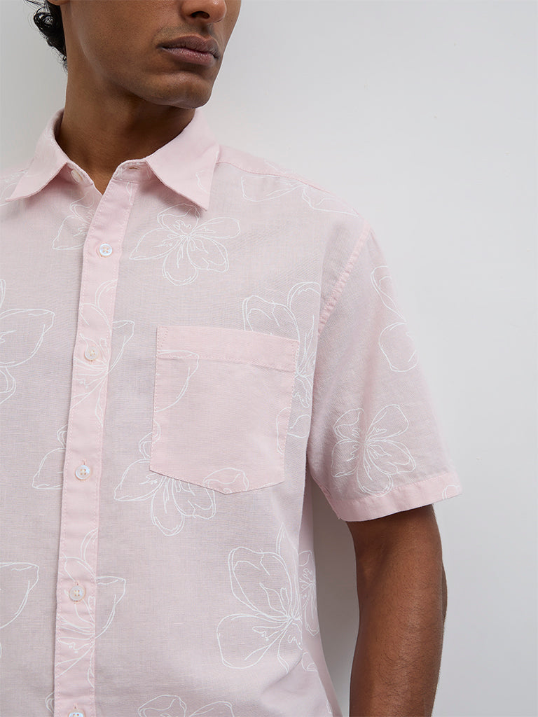 WES Casuals Light Pink Floral Relaxed-Fit Cotton-Blend Shirt