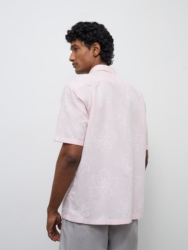 WES Casuals Light Pink Floral Relaxed-Fit Cotton-Blend Shirt