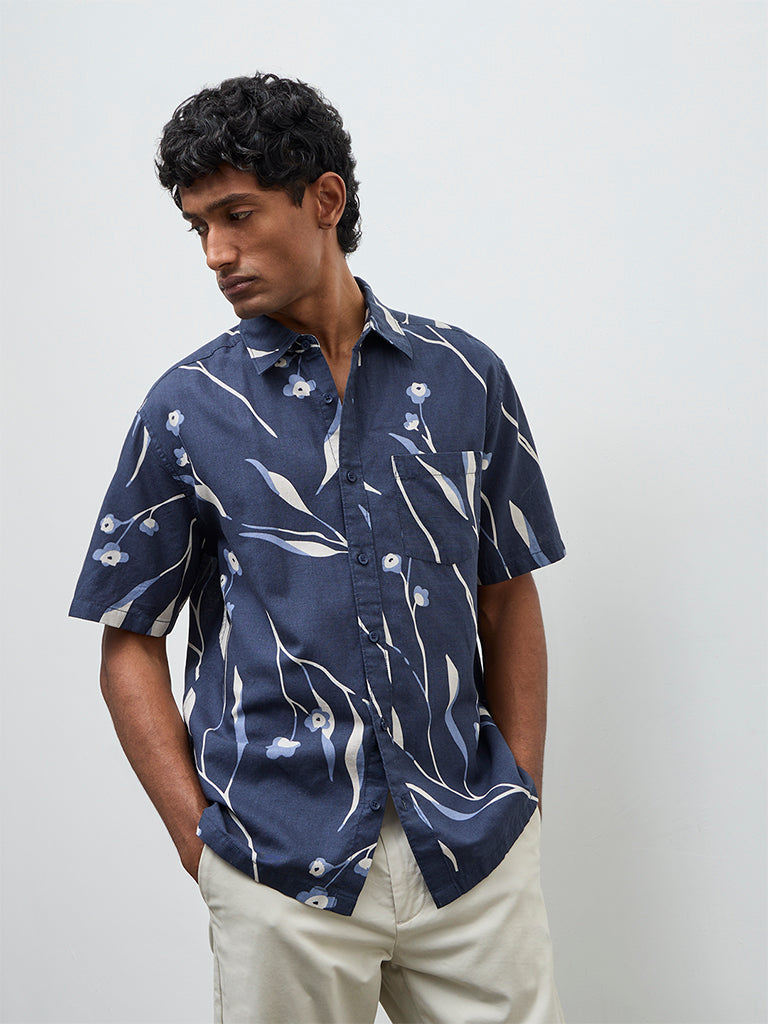 WES Casuals Navy Relaxed-Fit Cotton-Blend Shirt