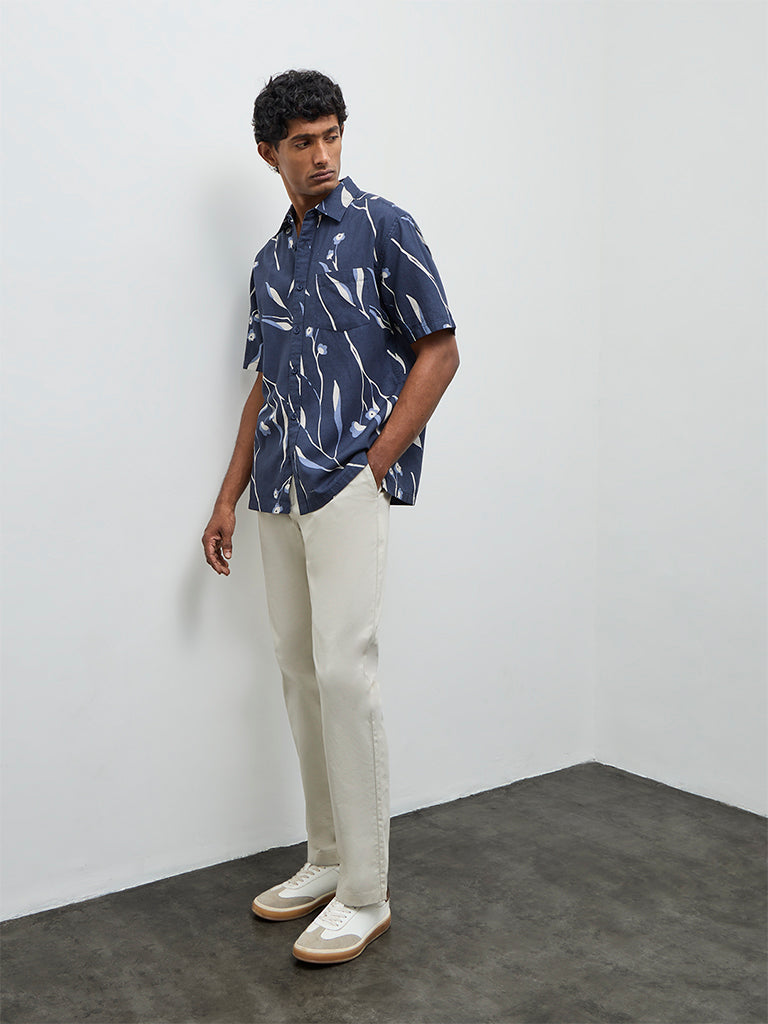 WES Casuals Navy Relaxed-Fit Cotton-Blend Shirt
