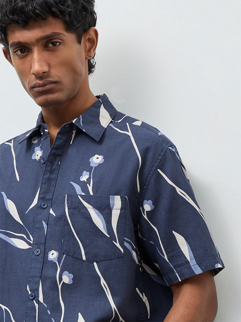 WES Casuals Navy Relaxed-Fit Cotton-Blend Shirt