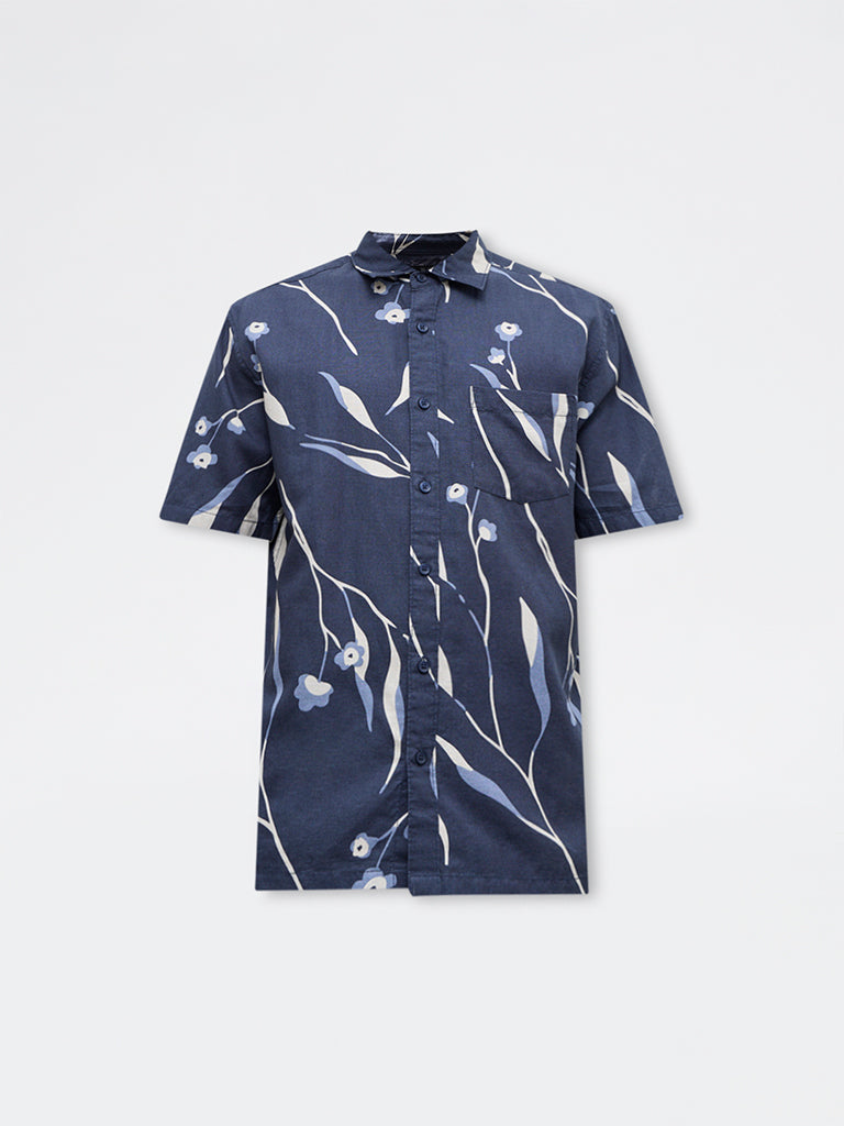 WES Casuals Navy Relaxed-Fit Cotton-Blend Shirt