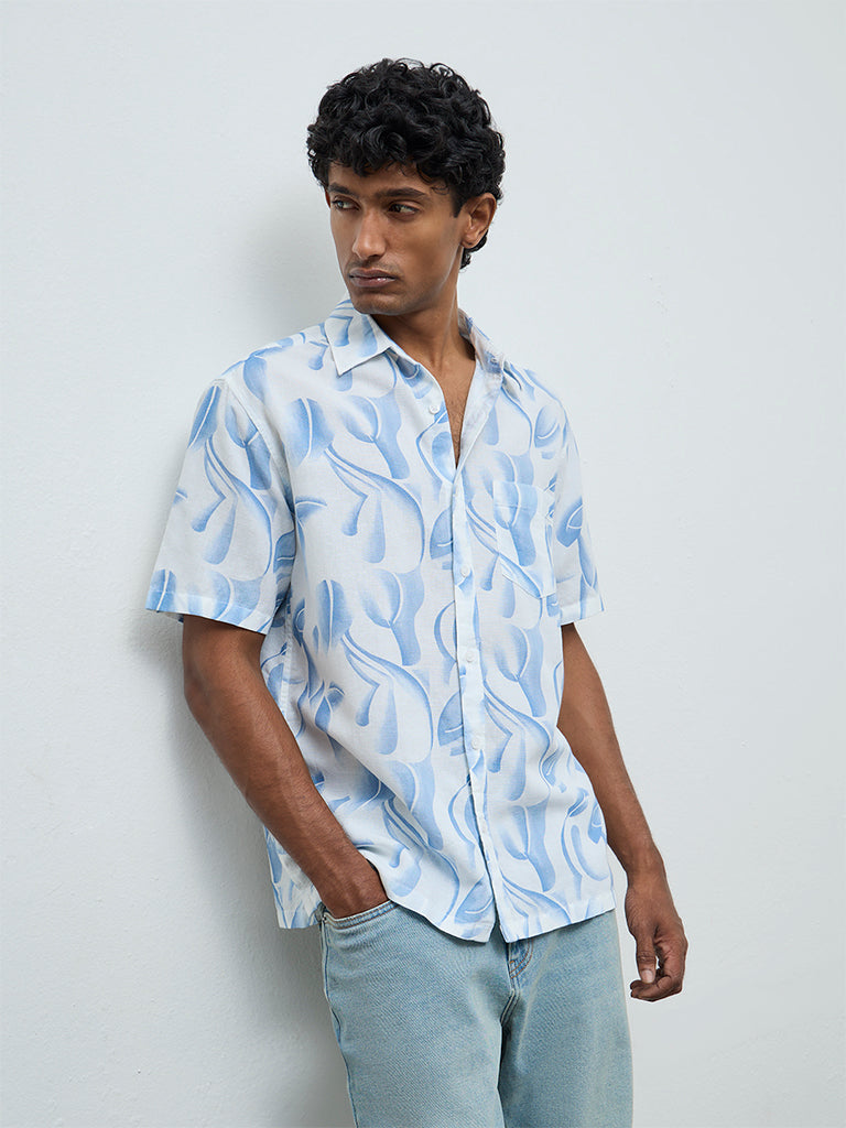 WES Casuals Off-White Abstract Relaxed Fit Cotton-Blend Shirt
