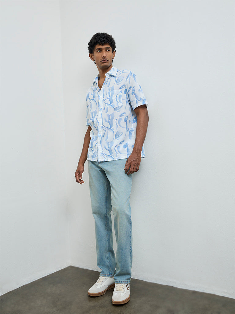 WES Casuals Off-White Abstract Relaxed Fit Cotton-Blend Shirt