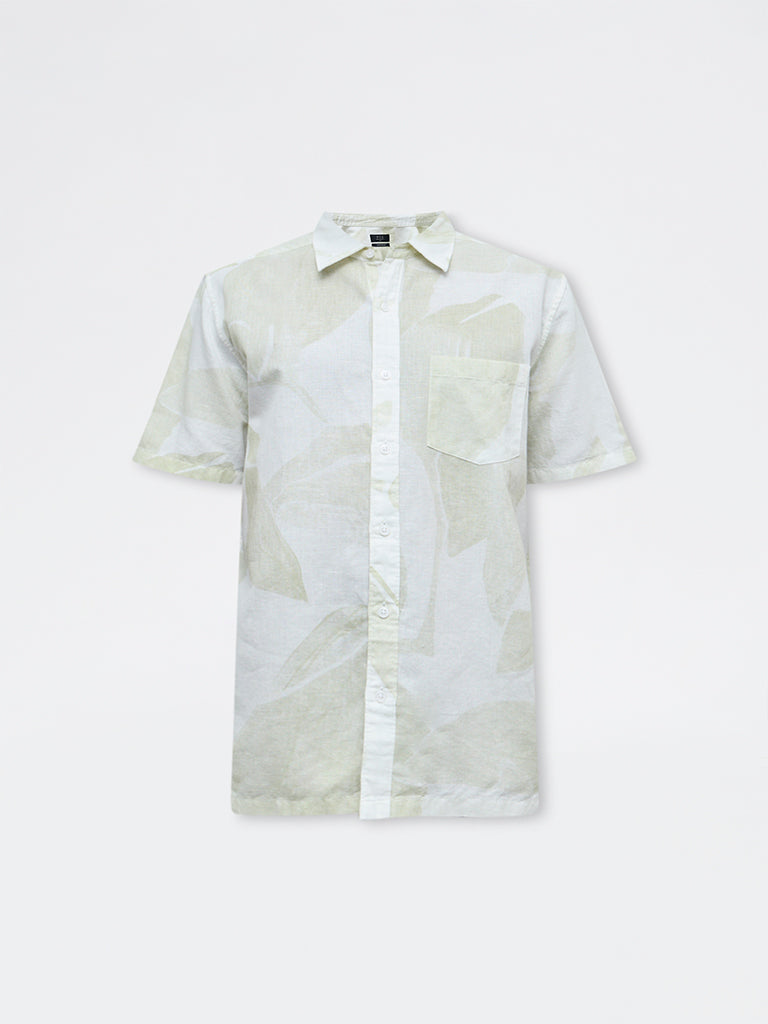WES Casuals Off-White Printed Relaxed Fit Cotton-Blend Shirt