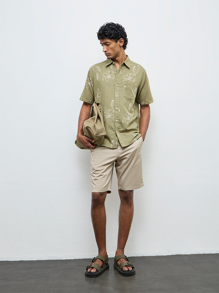 WES Casuals Green Printed Relaxed Fit Cotton-Blend Shirt