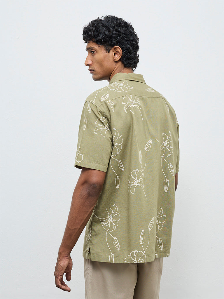 WES Casuals Green Printed Relaxed Fit Cotton-Blend Shirt
