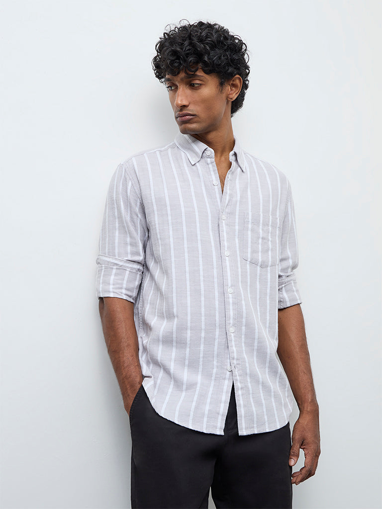 WES Casuals Light Grey Textured Relaxed Fit Cotton Shirt