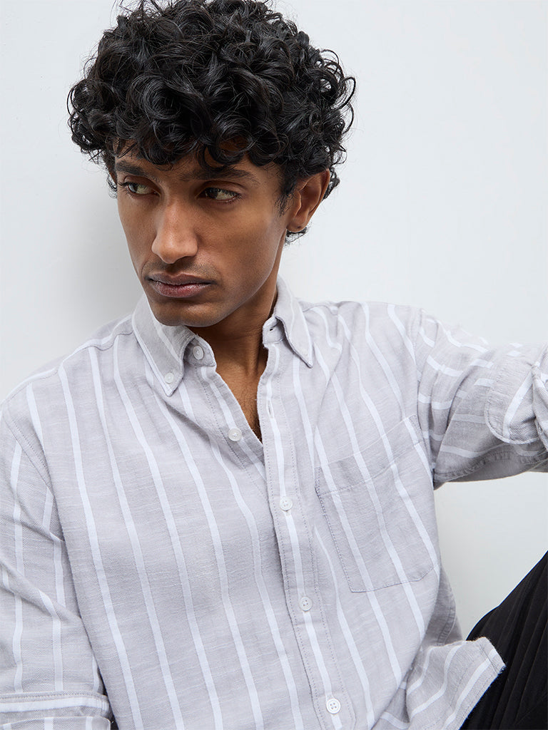 WES Casuals Light Grey Textured Relaxed Fit Cotton Shirt