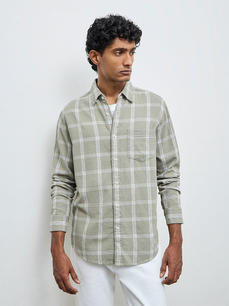 WES Casuals Sage Checks Relaxed-Fit Cotton Shirt