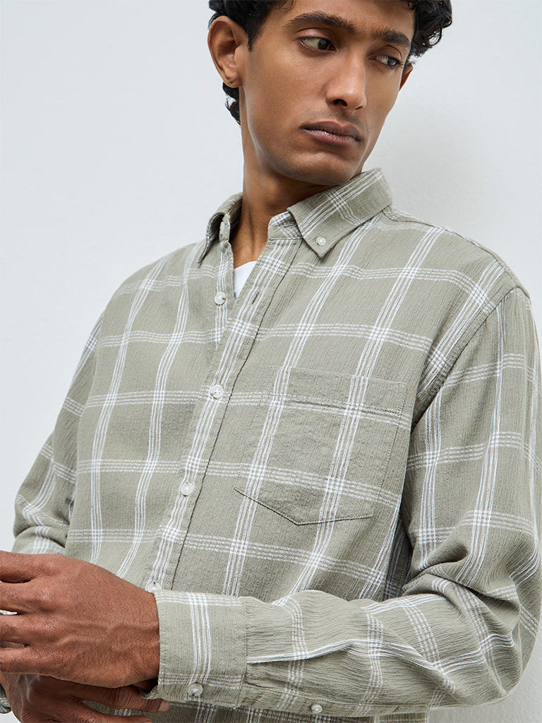 WES Casuals Sage Checks Relaxed-Fit Cotton Shirt