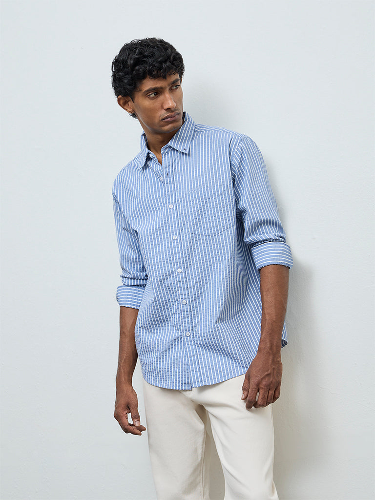 WES Casuals Blue Striped Relaxed-Fit Cotton-Blend Shirt