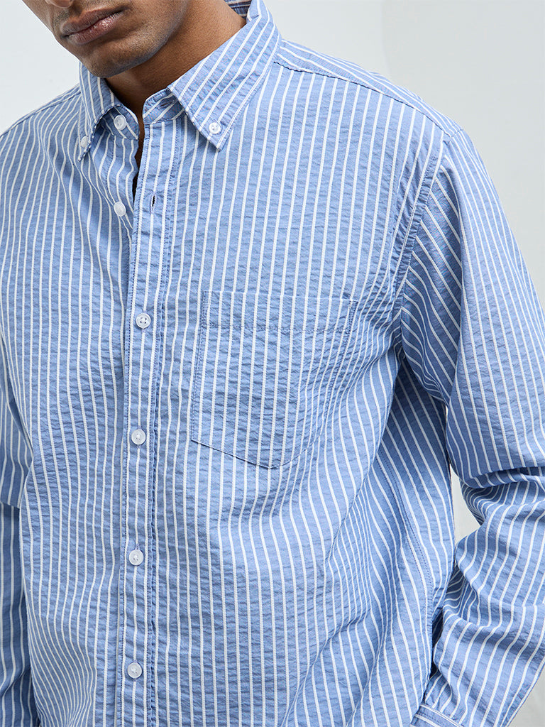 WES Casuals Blue Striped Relaxed-Fit Cotton-Blend Shirt