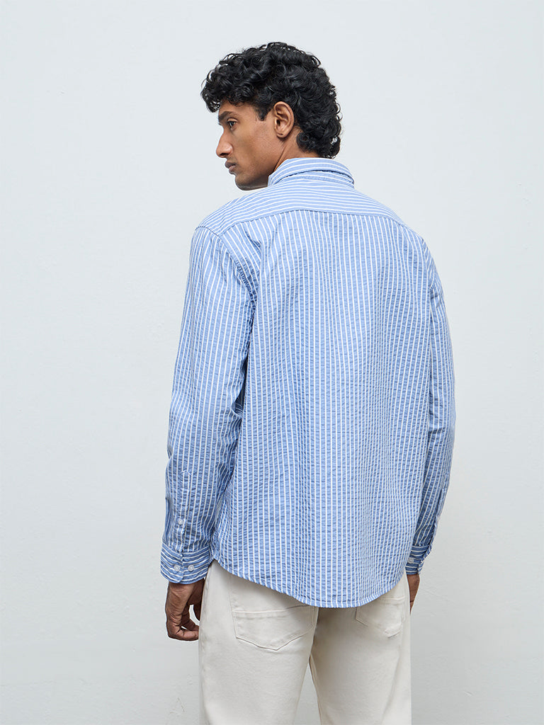 WES Casuals Blue Striped Relaxed-Fit Cotton-Blend Shirt