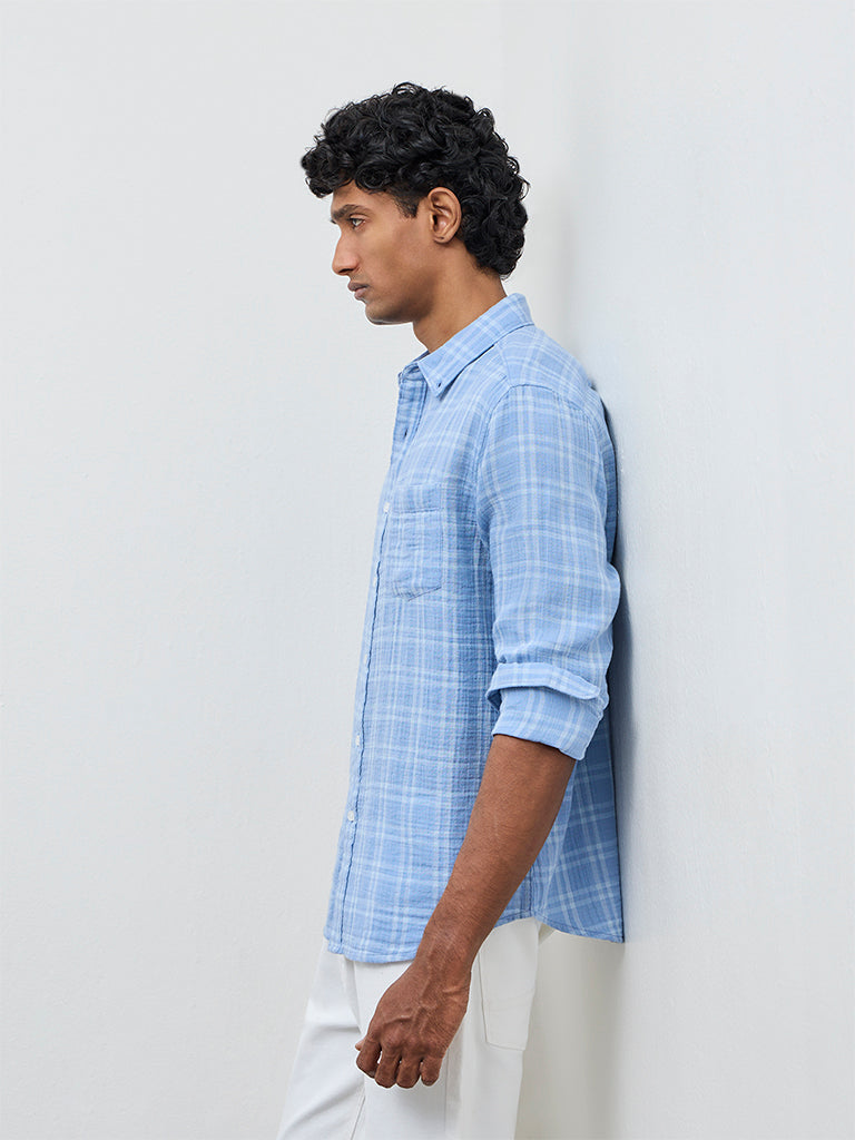 WES Casuals Light Blue Checks Relaxed-Fit Cotton Shirt