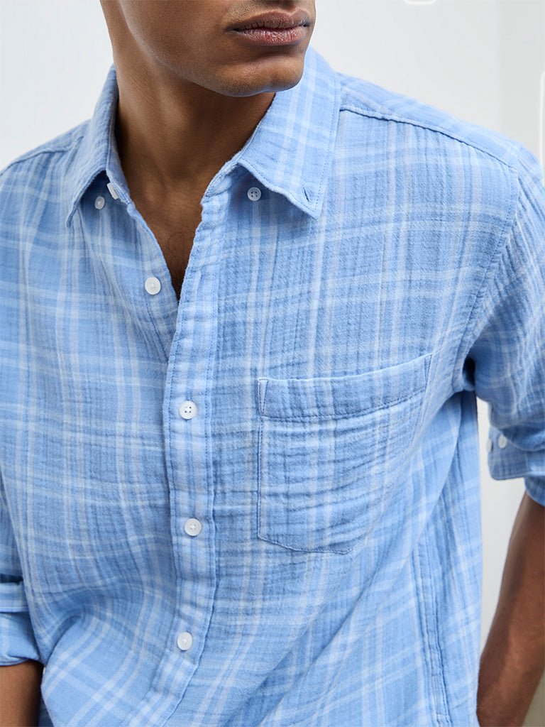 WES Casuals Light Blue Checks Relaxed-Fit Cotton Shirt
