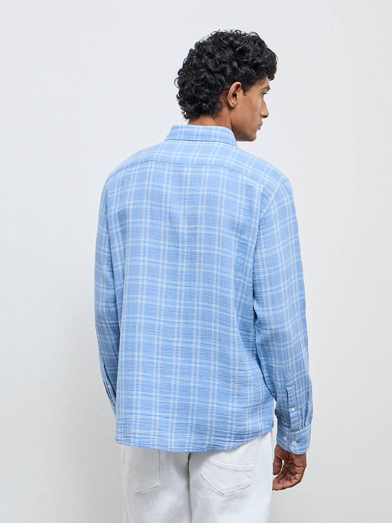 WES Casuals Light Blue Checks Relaxed-Fit Cotton Shirt