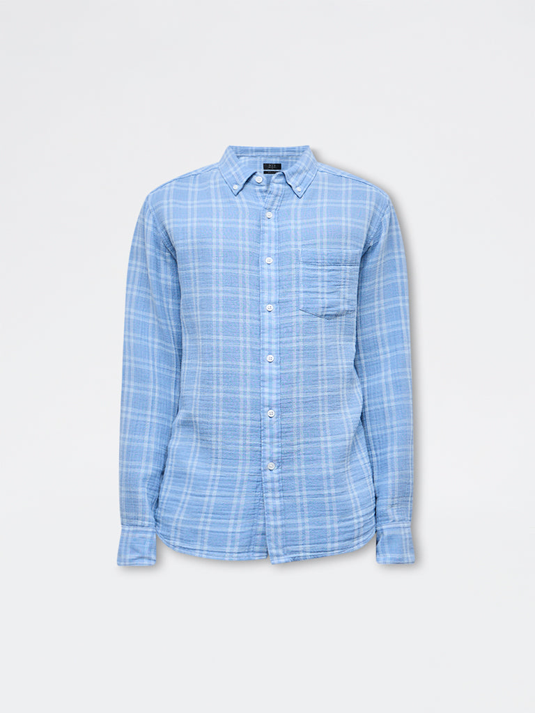 WES Casuals Light Blue Checks Relaxed-Fit Cotton Shirt