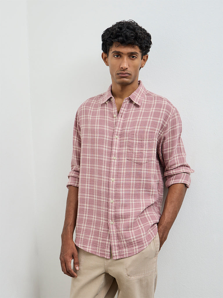 WES Casuals Dusty Pink Checks Relaxed-Fit Cotton Shirt