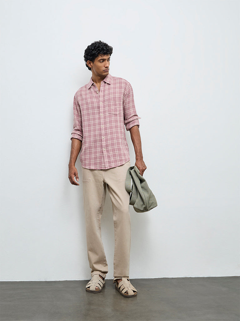 WES Casuals Dusty Pink Checks Relaxed-Fit Cotton Shirt