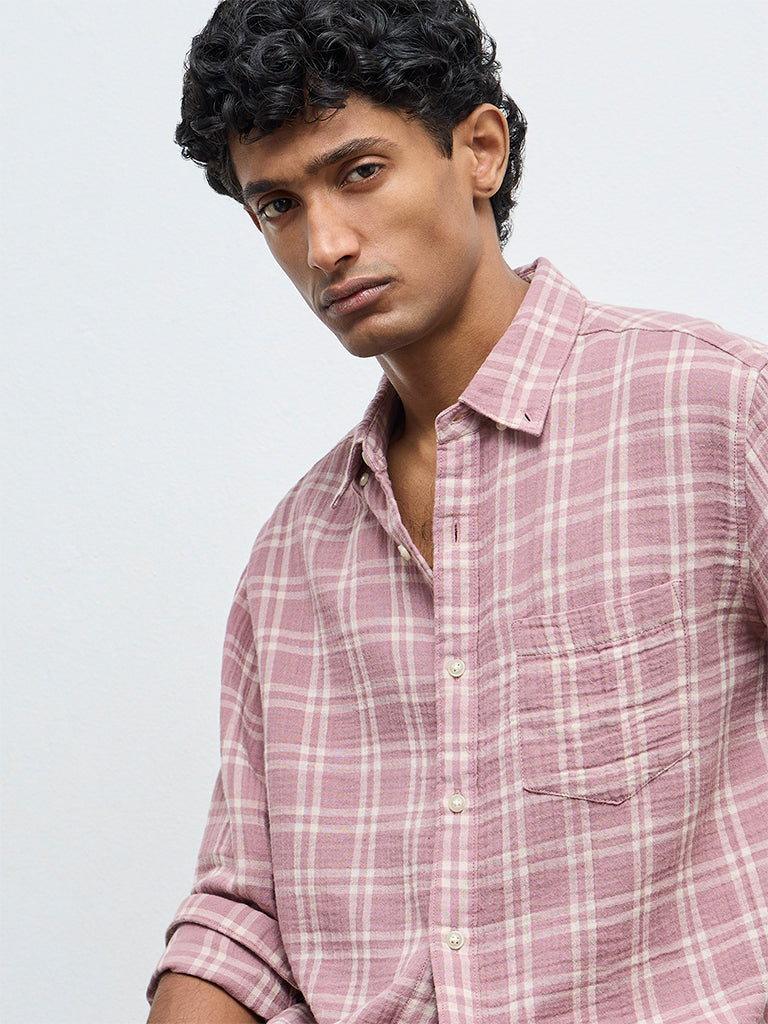 WES Casuals Dusty Pink Checks Relaxed-Fit Cotton Shirt