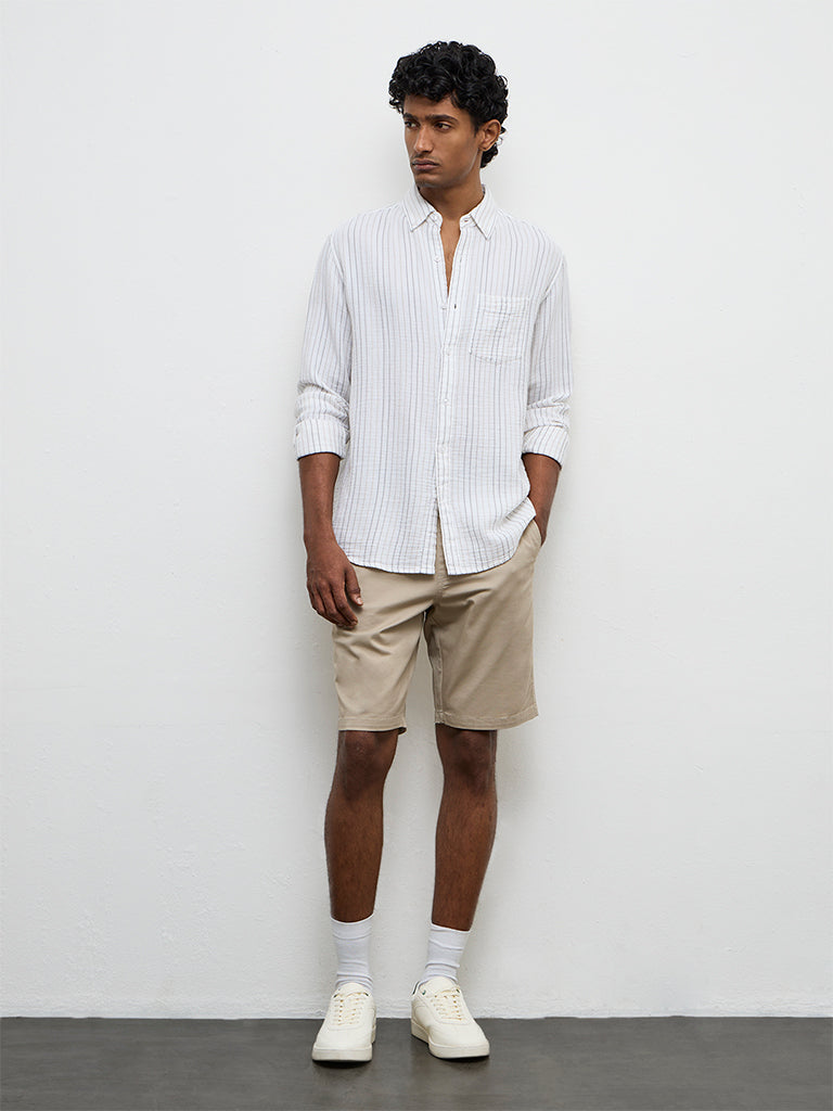 WES Casuals White Striped Relaxed-Fit Cotton Shirt