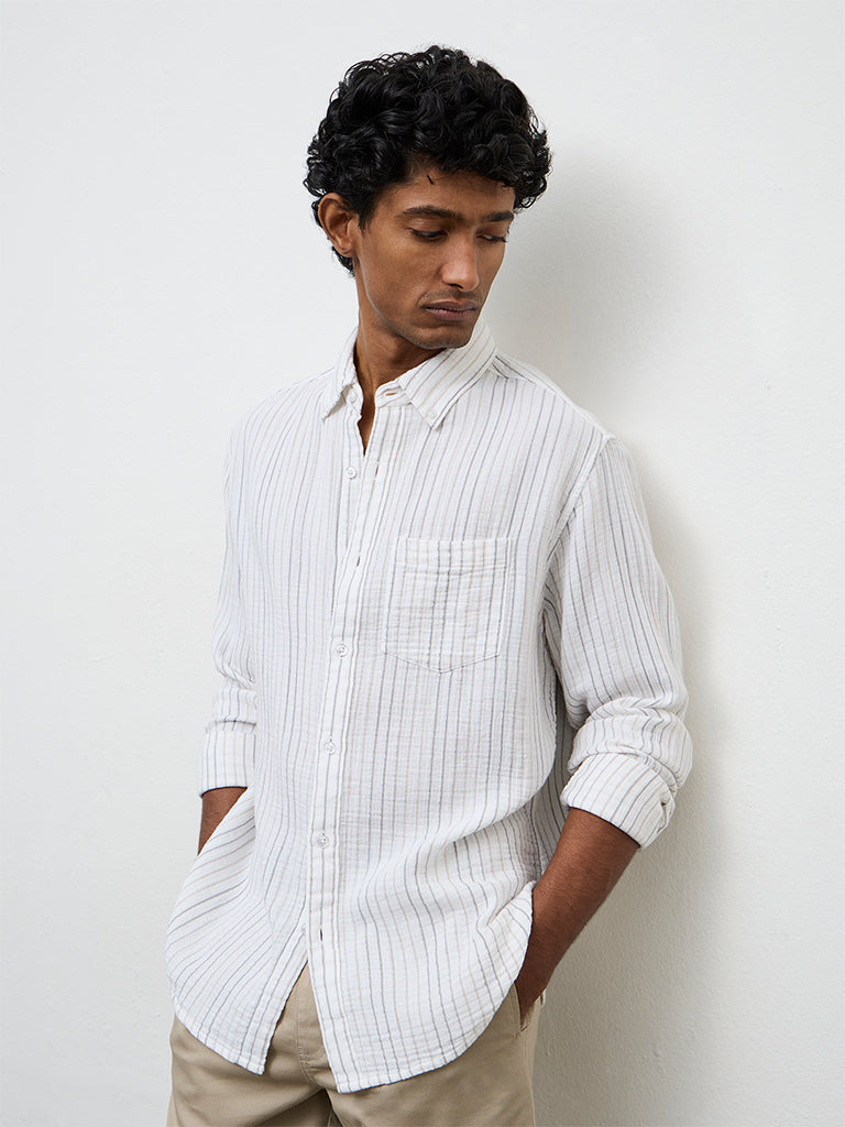 WES Casuals White Striped Relaxed-Fit Cotton Shirt