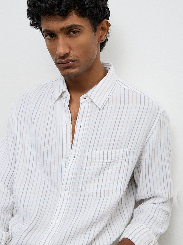WES Casuals White Striped Relaxed-Fit Cotton Shirt