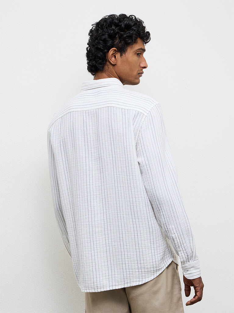 WES Casuals White Striped Relaxed-Fit Cotton Shirt